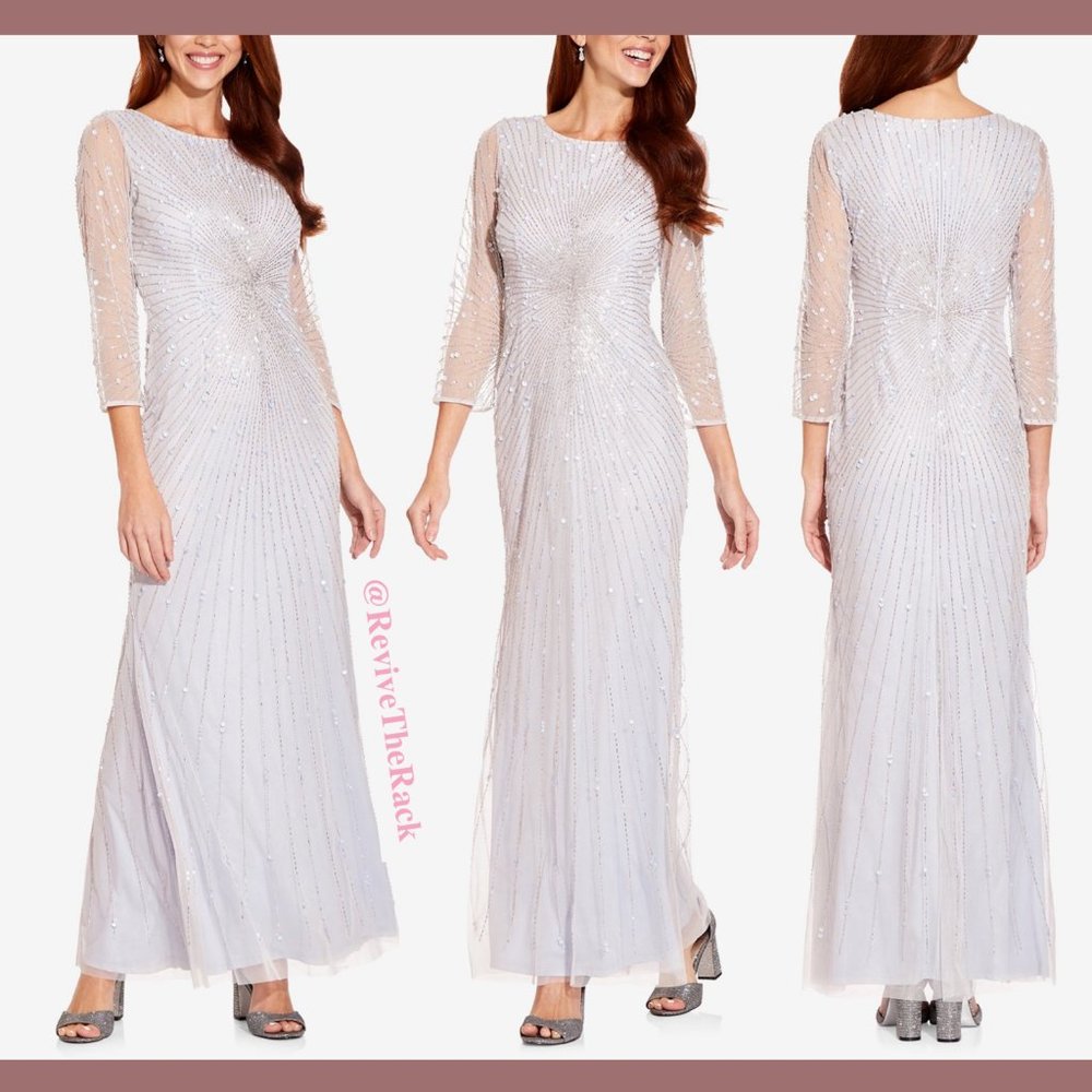 NWT $329 Adrianna Papell Sequin Beaded 3/4 Sleeve Gown in Cloud [SZ 12‎ ]